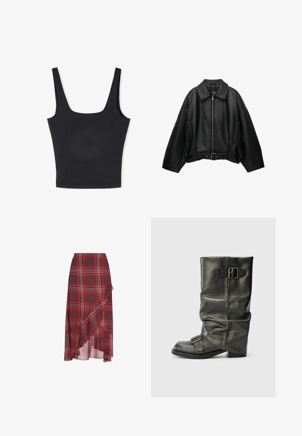Zwarte leren jack met een brede kraag, rits aan de voorkant, twee zijzakken en een riem in de taille, met een losse pasvorm en een gladde textuur.; Zwart tanktop met brede bandjes, vierkante halslijn en een getailleerd ontwerp. Gemaakt van gladde stof met een naadloze zoom voor een nette afwerking.; Rode geruite rok van lichtgewicht stof, met een ruffled zoom en een asymmetrisch ontwerp. Bevat tinten grijs en wit in het patroon.; Zwarte faux leren enkellaars met een slordige schacht, een chunky hak en twee metalen gespen aan de zijkant voor detail.