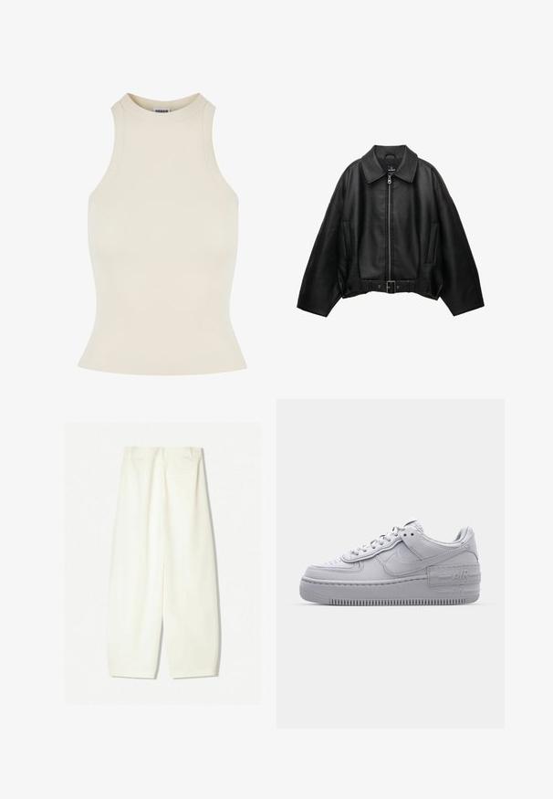 Musta nahkatakki, jossa on leveä kaulus, vetoketjusuljenta, kaksi sivutaskua ja vyötärölle sidottava vyö. Takissa on rento mitoitus ja sileä pinta.; Ribbed sleeveless top in light beige with a high neck and fitted shape, made from a soft, stretchy material for comfort.; Kapeet, jotka ovat leveät ja valmistettu pehmeästä kermanvärisestä kankaasta, jossa on sileä pinta, etutaskut ja rento malli, keskiampuilla.; Harmaa Nike Air Force 1 -lenkkari, jossa on reikänenä, sileä nahkapäällinen, paksu pohja ja kohokuvioitu 'AIR'-yksityiskohta kantapäässä.