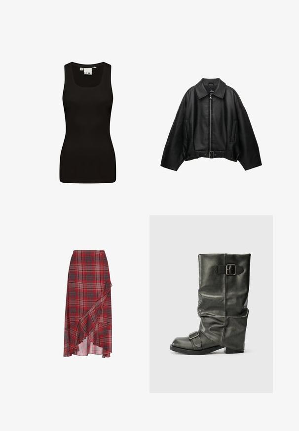 Musta nahkatakki, jossa on leveä kaulus, vetoketjusuljenta, kaksi sivutaskua ja vyötärölle sidottava vyö. Takissa on rento mitoitus ja sileä pinta.; Mustat hihattomat paidat, jotka on valmistettu sileästä ja joustavasta kankaasta. Omistavat pyöreän kaula-aukon ja leveät hihnat, sekä tiukan ja saumattoman muotoilun.; Punainen ruudullinen hame, joka on valmistettu kevyestä kankaasta ja jossa on röyhelöhelma sekä epäsymmetrinen muotoilu. Kuviossa on sävyjä harmaasta ja valkoisesta.; Musta tekonahkasaappa, jossa on löysä varsi, paksu korko ja sivuilla kaksi metallista solkea yksityiskohtana.