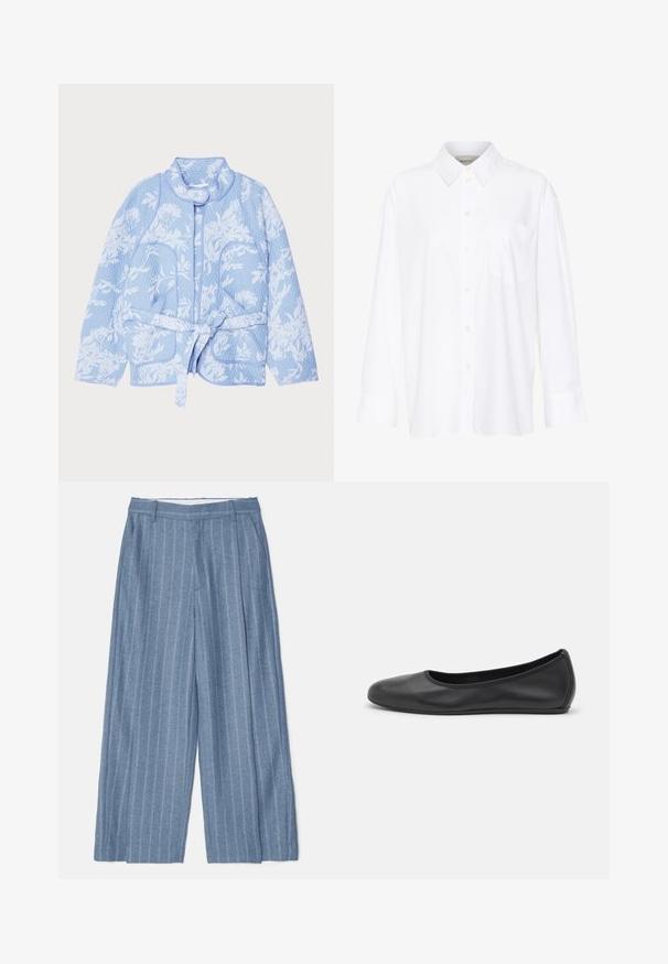 MUNTHE SAHNELY - Summer jacket - light blue; White long-sleeve collared shirt made of cotton. Features a button-down front and a single chest pocket. Smooth texture, relaxed fit.; Light blue wide-leg trousers with vertical white stripes, a flat front, belt loops, and a textured fabric finish.; Black leather ballet flat with a rounded toe, smooth texture, minimal stitching detail, and a flexible sole design.
