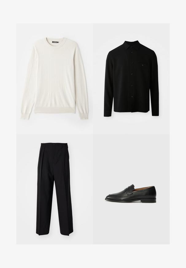 Fekete, hosszú ujjú ing, gombos nyakkal, elülső zsebből és gombos záródással; sima, struktúrált anyagból készült.; Világos bézs színű, hosszú ujjú pulóver, puha, sima anyagból készült. Bordás kerek nyakkivágással és felhajtott szegélyekkel rendelkezik a klasszikus illeszkedés érdekében.; Fekete, pliszírozott nadrág, egyenes, széles lábakkal. Sima anyagból készült, gombos záródással és övhurkokkal rendelkezik.; Fekete bőr mokaszin, kerek orral, diszkrét varrásokkal és alacsony sarokkal, sima felülettel és minimalista dizájnnal.