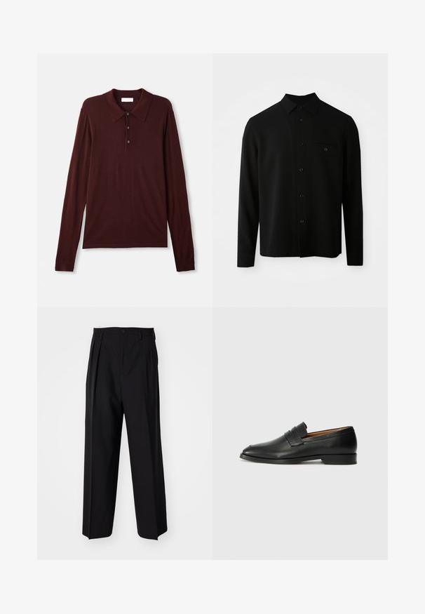 Cămașă neagră cu mânecă lungă, având guler cu nasturi, buzunar frontal și închidere cu nasturi; fabricată dintr-un material neted și texturat.; Tricou polo cu mânecă lungă, de un burgund adânc, dintr-un material moale. Dispune de un guler clasic, închidere cu trei nasturi și manșete ajustate.; Pantaloni negri plisat cu un design drept și pantaloni largi. Construiți dintr-un material neted, prevăzuți cu închidere cu nasture și bucle pentru curea.; Lofer din piele neagră, cu vârf rotund, detalii cusute subtile și toc jos, având o textură netedă și un design minimalist.