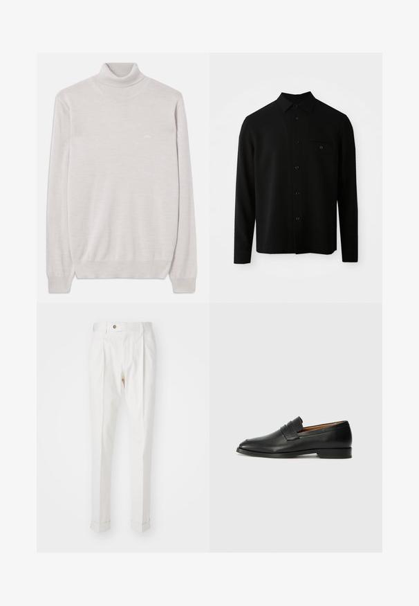 Svart langermet skjorte med krage som lukkes med knapper, frontlomme og knappestilling; laget av et glatt, strukturert stoff.; Lys beige turtleneck genser med lange ermer og ribbestrikkede mansjetter og kant, laget av fint strikket materiale.; Hvite, skreddersydde bukser med flat front, to legg, og oppbrett. Laget av et glatt stoff med knappelukking i livet.; Svart skinnloafer med rund tå, subtilt sydd detaljering og lav hæl, med en glatt tekstur og minimalistisk design.