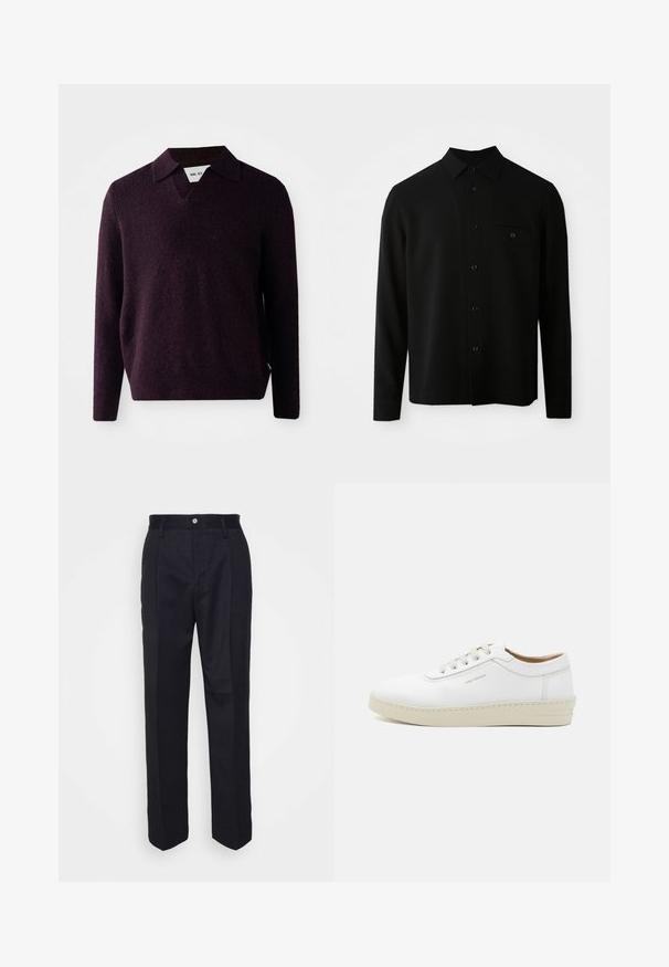 Czarna koszula z długim rękawem z kołnierzykiem zapinanym na guziki, przednią kieszenią i zapięciem na guziki; wykonana z gładkiego, strukturalnego materiału.; Sweter dzianinowy w ciemnofioletowym kolorze, z dekoltem w kształcie litery V, długimi rękawami i teksturowanym wykończeniem. Posiada klasyczny kołnierz i boczną metkę.; Czarne spódnie o prostym kroju, uszyte z gładkiej tkaniny, z zapięciem na guzik z przodu oraz dwoma bocznymi kieszeniami.; Białe skórzane sneakersy o teksturowanym wykończeniu, okrągłym nosie, beżowej gumowej podeszwie i sześciu szarych oczkach na sznurowadła, z subtelnym logo z boku.