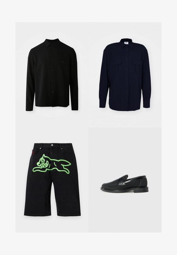 Fekete, hosszú ujjú ing, gombos nyakkal, elülső zsebből és gombos záródással; sima, struktúrált anyagból készült.; Filippa K RELAXED PATCH POCKET SHIRT - Ing - navy; Icecream RUNNING DOG - Farmer rövidnadrágok - black denim; Fekete szőtt slip-on cipő sima bőr díszítéssel a felsőrészen, kerek orral és alacsony profilos gumitalppal.