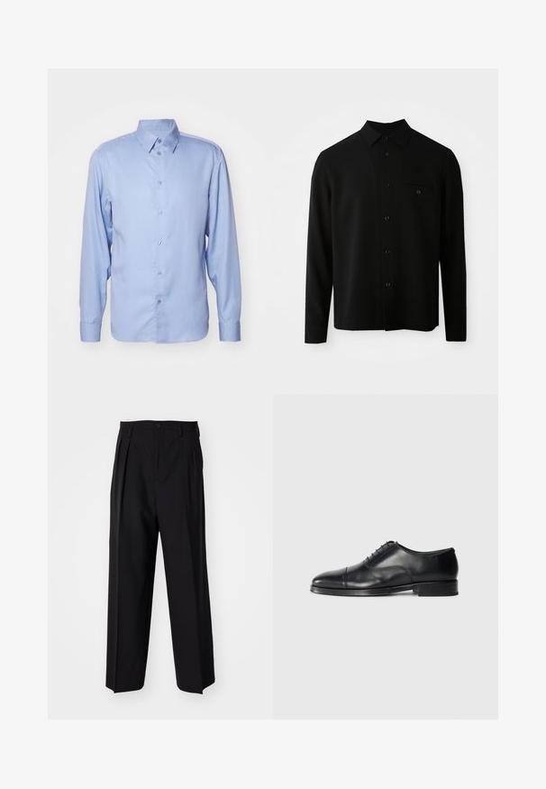 Črna srajca z dolgimi rokavi, ki ima ovratnik z gumbi, sprednji žep in gumbasto zapiranje; izdelana iz gladkega, teksturiranega materiala.; Svetlo modra srajca z dolgimi rokavi, izdelana iz gladkega blaga, z klasičnim ovratnikom, gumbastim zapenjanjem in prilegajočim krojem z gumbasto manšeto.; Črne nabirane hlače s ravnim, širokim krojem. Narejene so iz gladkega materiala in imajo zadrgo ter pasne zanke.; Črne usnjene oblečne čevlje z zaobljenim nosom, gladko teksturo, vezalnim dizajnom in subtilnim šivom, z nizko ravno peto.