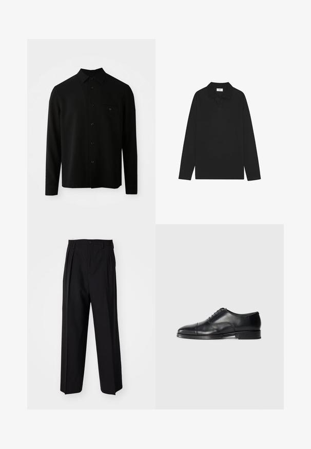 Sort langærmet skjorte med button-down krave, forlommeslomme og knaplukning; lavet af et glat, struktureret stof.; Langærmet sort polo shirt med klassisk krave og knaplukning med tre knapper, vist fladt mod en hvid baggrund.; Sorte plisserede bukser med et lige, bred ben-design. Fremstillet af glat stof, med en knaplukning og bæltesløjfer.; Sort læderherresko med rund tå, glat overflade, snørebåndsdesign og en diskret stikning, der har en lav, flad hæl.