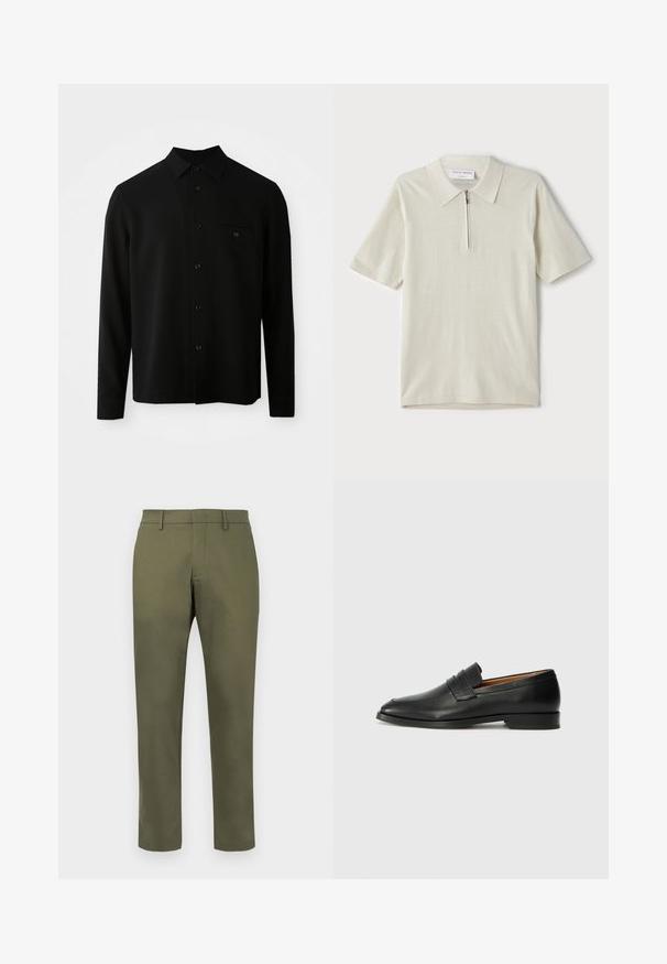 Must have pikkade varrukatega must särk, millel on nööpidega krae, esitasku ja nööpidega sulgemine; valmistatud siledast, tekstureeritud kangast.; Lühikeste varrukatega polo särk heles beeži värviga, millel on tõmblukk kaeluses. Valmistatud siledast kangast, minimalistlik ja kaasaegne disain ilma mustriteta.; Olive roheline sirge lõikega püksid vööloopidega ja peidetud esisegmise sulgemisega valge tausta ees.; Must musta loafers ümarate varvastega, peene tikandiga ja madala kontsaga, millel on sile tekstuur ja minimalistlik disain.