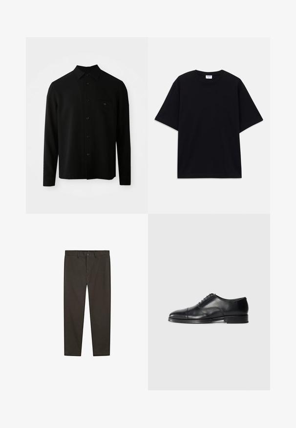 Maglietta nera a maniche lunghe con colletto a camicia, taschino frontale e chiusura a bottoni; realizzata in un tessuto liscio e texture.; T-shirt oversize nera a maniche corte con scollatura rotonda e etichetta del marchio Filippa K visibile all'interno del colletto.; Pantaloni marroni scuri realizzati in un tessuto liscio. Caratterizzati da una chiusura con bottone, passanti per cintura e due tasche laterali. Design a gamba dritta.; Scarpa da uomo in pelle nera con punta arrotondata, texture liscia, design con lacci e un delicato dettaglio di cucitura, caratterizzata da un tacco basso e piatto.