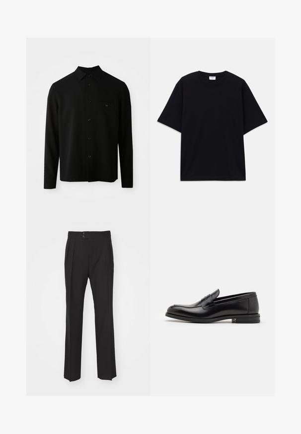 Fekete, hosszú ujjú ing, gombos nyakkal, elülső zsebből és gombos záródással; sima, struktúrált anyagból készült.; Fekete, rövid ujjú, oversize póló kerek nyakkivágással és látható Filippa K márkacédulával a gallér belső részén.; Fekete, szabott nadrág, egyenes lábbal, két elülső zsebbel és duplagombos záródással a derékrészen. Sima szövet textúra.; Fekete bőr loaferek sima textúrával, kerek orral és dekoratív pánttal a vampnál. Alacsony, rétegelt sarkú, minimalista dizájn.