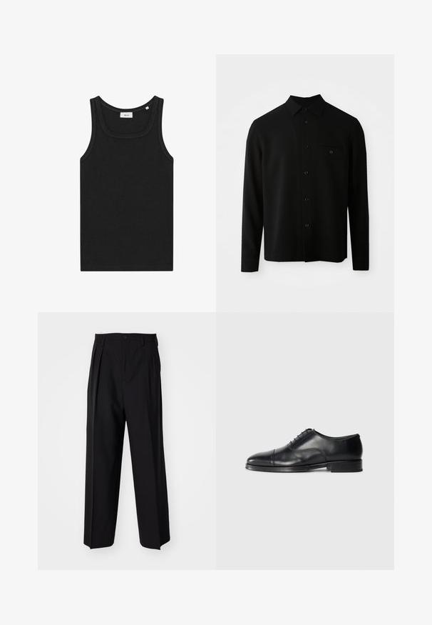Crna košulja dugih rukava s ovratnikom na gumbe, prednjim dzepom i zakopčavanjem na gumbe; izrađena od glatkog, strukturiranog materijala.; Crna majica bez rukava napravljena od mekog materijala. Ima zaobljeni dekolte i čiste ivice, s jednostavnim dizajnom i bez vidljivih logotipa.; Crne plisirane hlače s ravnim širokim nogavicama. Izrađene od glatkog materijala, s dugmadi za zatvaranje i petljama za remen.; Crne kožne cipele s zaobljenim nožnim prstom, glatke teksture, s vezanjem i suptilnim detaljima šava, te niskim, ravnim potplatom.