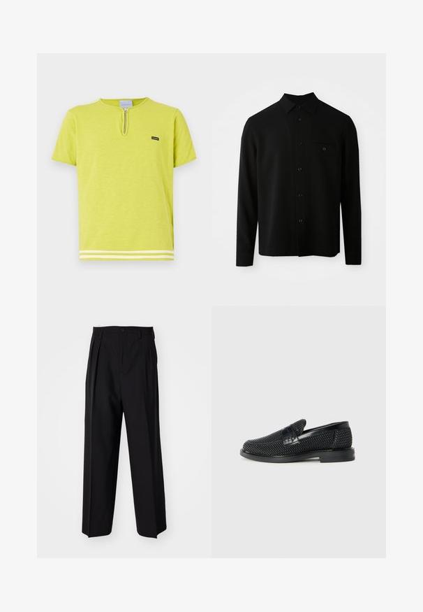 Must have pikkade varrukatega must särk, millel on nööpidega krae, esitasku ja nööpidega sulgemine; valmistatud siledast, tekstureeritud kangast.; Laime roheline T-särk pehmest kangast, millel on lukuga kaelus, lühikesed varrukad ja valged triibud alläärtes.; Mustad volditud püksid sirge ja laia säärega disainiga. Valmistatud siledast kangast, millel on nuppudega sulgemine ja vööaasad.; Must musta kootud slip-on king, millel on pehme nahast accent ülaserval, ümmargune varvas ja madal profiiliga kummitald.