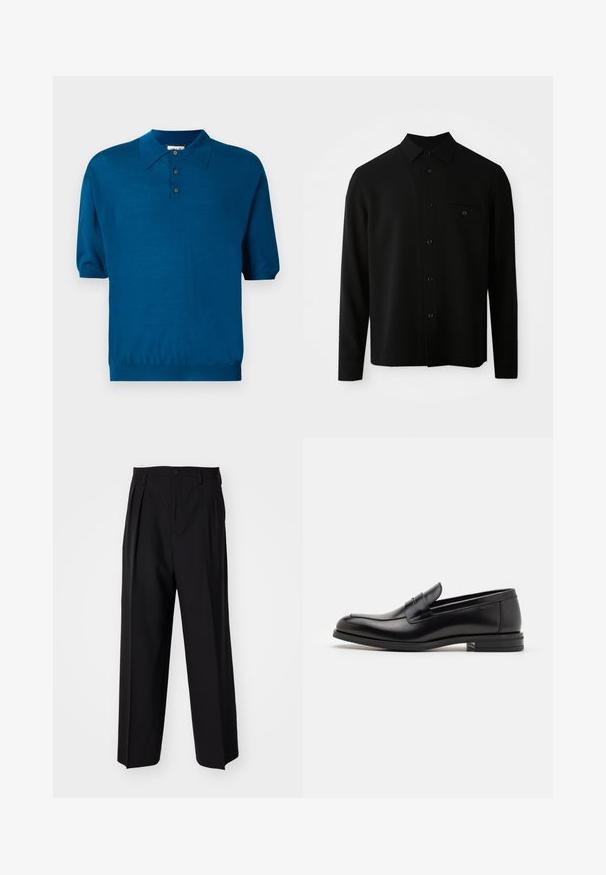Fekete, hosszú ujjú ing, gombos nyakkal, elülső zsebből és gombos záródással; sima, struktúrált anyagból készült.; Rövid ujjú pólóing mély türkiz színben, puha anyagból készült. Kerek nyakkivágással, három gombos záródással és elasztikus aljjal rendelkezik a laza illeszkedés érdekében.; Fekete, pliszírozott nadrág, egyenes, széles lábakkal. Sima anyagból készült, gombos záródással és övhurkokkal rendelkezik.; Fekete bőr loaferek sima textúrával, kerek orral és dekoratív pánttal a vampnál. Alacsony, rétegelt sarkú, minimalista dizájn.