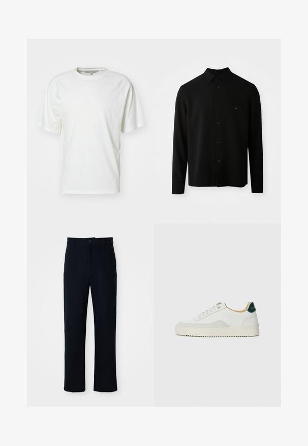 Svart langermet skjorte med krage som lukkes med knapper, frontlomme og knappestilling; laget av et glatt, strukturert stoff.; Hvit t-skjorte laget av myk bomull; har rund hals, korte raglanermer og en avslappet passform; minimalistisk design uten mønstre eller detaljer.; Navyblå bukser laget av bomull, med rett ben-design, frontlukking med knapp og klassisk midje med beltehanker.; Hvit sneakers med semsket detaljer, rund tå, flate snøringer og en kremfarget gummisåle. Har grønn merking på hælen.