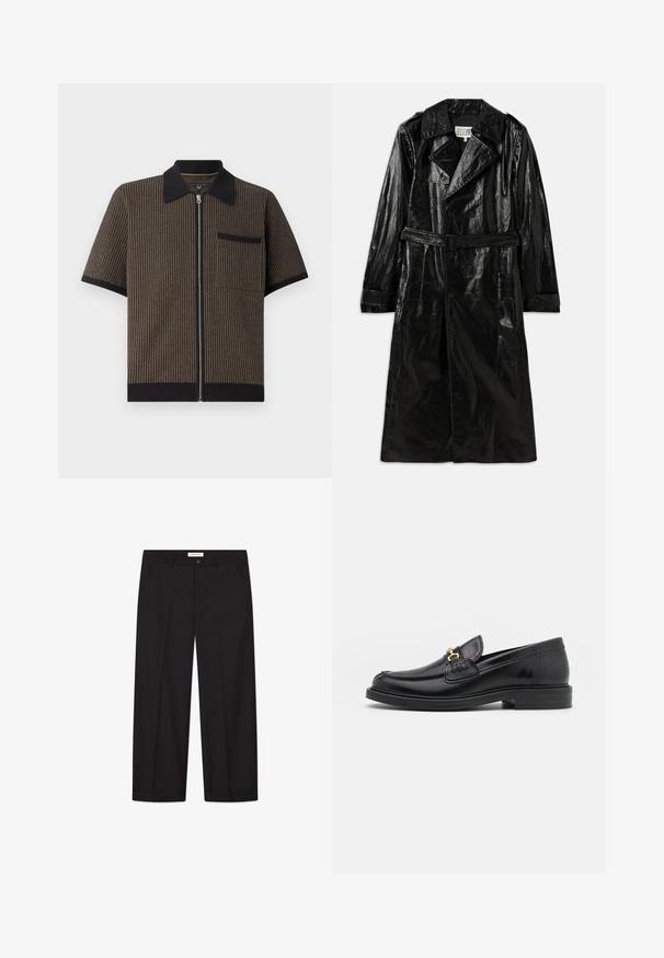 Čierny dlhý trenčkot vyrobený z lesklého materiálu, s dvojradovým zapínaním, veľkým golierom, pásom a bočnými vreckami.; Krátky rukáv, zipsový top z hnedého pruhovaného materiálu s čiernym golierom a vreckom, obsahujúci textúrovaný materiál a rebrované detaily na leme.; Čierna košeľa s gombíkovým zapínaním, dlhými rukávmi a bielymi bodkami, vyrobená z ľahkej, priesvitnej látky.; Ron Dorff Tričko s potlačou - black; Čierne široké nohavice vyrobené z hladkej tkaniny. Majú zapínanie na gombík a zips, dve predné vrecká a ostrý lem.; Čierne kožené loafers so zaoblenou špičkou, s pozlátenými kovovými prvkami a detailným šitím, uložené na nízkej, textúrovanej gumenej podrážke.