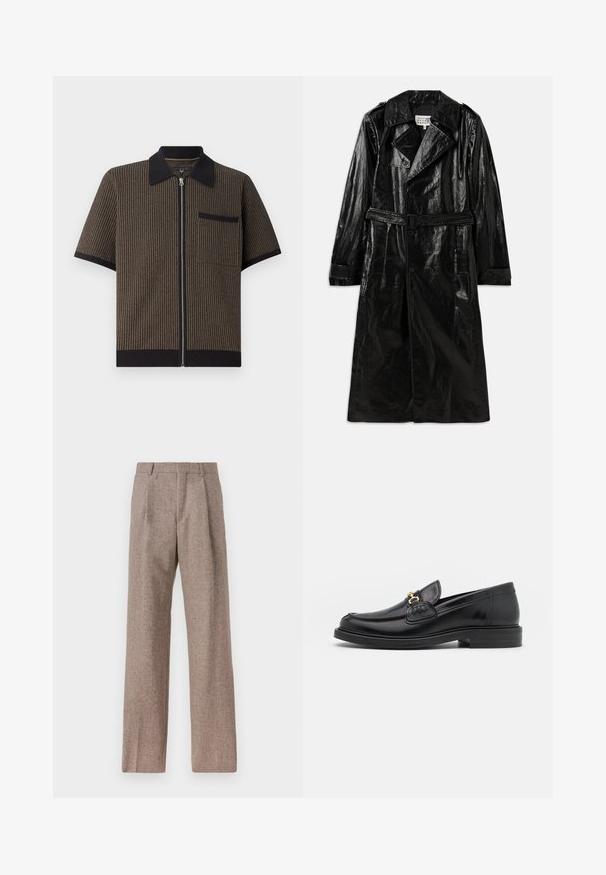 Sort lang trench coat lavet af skinnende materiale, med dobbeltbrystet lukning, stort krave, belagt talje og sidelommer.; Kortærmet, lynlås skjorte i brunt stribet stof med en sort krave og lomme, der har tekstureret materiale og ribbede detaljer nederst.; Hvid langærmet skjorte med knapper lavet af bomuld, med en brystlomme med tonal broderi, krave og knapmanchetter.; Brune, højtaljede bukser lavet af tekstureret stof. Har brede ben og to frontfoldninger for struktur. Pæn finish uden synlig hardware.; Sorte læder loafers med en rund tå, der har guld hardware accent og syningsdetaljer, placeret på en lav, tekstureret gummisål.