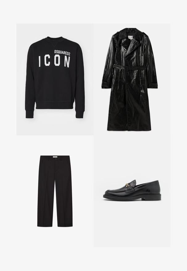 Černý dlouhý trenčkot vyrobený z lesklého materiálu, s dvouřadou čelní zapínáním, velkým límcem, páskem v oblasti pasu a bočními kapsami.; Černá mikina vyrobená z měkké tkaniny, s kulatým výstřihem a dlouhými rukávy. Nápisy "DSQUARED2" a "ICON" tištěné v tučných bílých písmenech.; Černá košile s designem na knoflíky, dlouhými rukávy a bílým puntíkovaným vzorem, vyrobená z lehké, průsvitné tkaniny.; Ron Dorff Triko s potiskem - black; Černé kalhoty se širokými nohavicemi vyrobené z hladkého materiálu. Mají zapínání na knoflík a zip, dvě přední kapsy a ostrý lem.; Černé kožené mokasíny s zaoblenou špičkou, vyznačující se zlatými kovovými detaily a prošíváním, umístěné na nízké, texturované gumové podrážce.