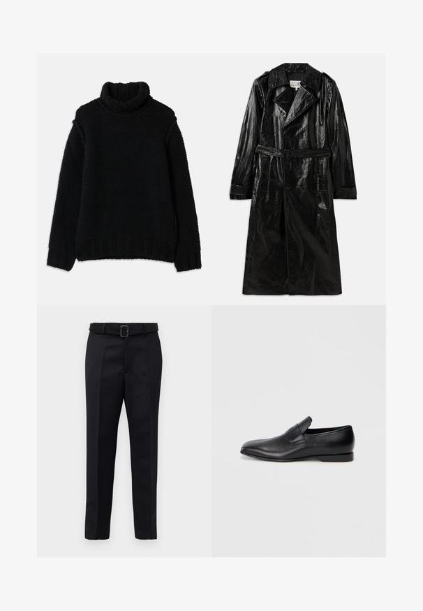 Czarny długi płaszcz trenchowy wykonany z błyszczącego materiału, z podwójnym zapięciem, dużym kołnierzem, paskiem w talii i bocznymi kieszeniami.; Czarny, dziany sweter z wysokim golfem, z teksturowanym wzorem, prążkowanymi mankietami i dołem. Luźny fason z obniżonymi ramionami.; Czarne dopasowane spodnie charakteryzują się gładkim materiałem, prostym krojem oraz paskiem w talii z prostokątną klamrą. Wyróżniające się przednie pliski podkreślają design.; Czarne skórzane buty wsuwane z ostrym noskiem, gładką fakturą i subtelnym logo z boku. Niski obcas z czystym, minimalistycznym designem.