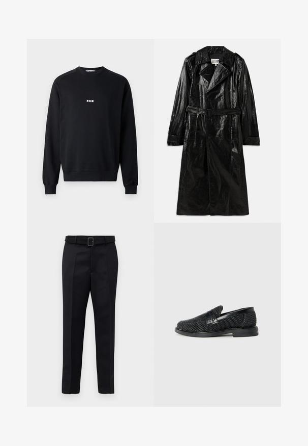 Palton lung negru din material lucios, cu închidere cu două rânduri de nasturi, guler mare, talie curea și buzunare laterale.; Hanorac negru din amestec de bumbac, cu decolteu rotund, mâneci lungi, manșete din tricot și un logo alb MSGM pe piept.; Pantalonii negri ajustați sunt fabricați dintr-un material neted, au croi drept și o talie încrustată cu o cataramă rectangulară. Pliseele frontale notabile îmbunătățesc designul.; Pantofii negri din material textil, cu accent din piele netedă pe partea superioară, design cu vârf rotund și talpă din cauciuc de profil redus.