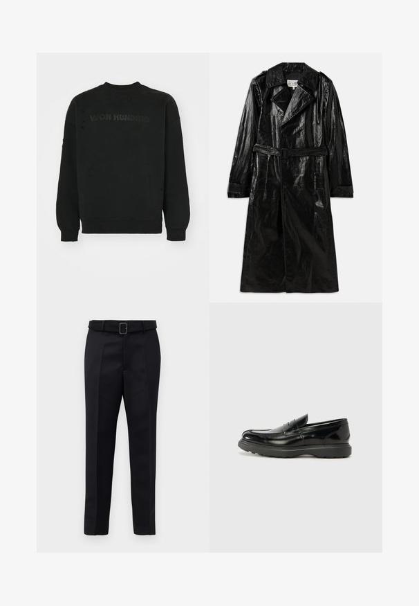 Svart lång trench coat i glänsande material, med dubbelknäppt stängning, stor krage, midja med bälte och sidofickor.; Svart sweatshirt med rund hals, som har en något sliten textur och en tonad "WON HUNDRED"-logotyp över bröstet.; Svarta skräddarsydda byxor har en slät väv, rak passform och en bälte med en rektangulär spänne. Framstående veck framhäver designen.; Svart läderloaferskor med en glänsande yta, rund tå, diskreta söm detaljer och en tjock gummisula för hållbarhet.
