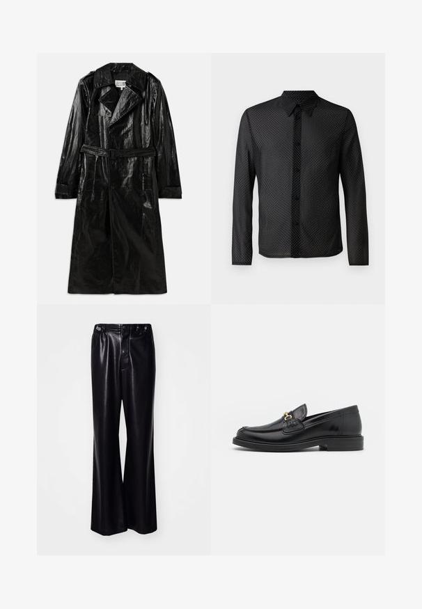 Fekete, hosszú trencskó, fényes anyagból készült, dupla gombolású záródással, nagy gallérral, övvel ellátott derékkal és oldalzsebekkel.; Fekete ing, gombos kialakítással, hosszú ujjú, fehér pöttyös mintával, könnyű, áttetsző anyagból készült.; Fekete műbőr, széles szárú nadrág magas derekú fazonnal, elöl gombos záródással és diszkrét fényes felülettel. Sima textúra, sokoldalú dizájn.; Fekete bőr loaferek, lekerekített orral, aranyszínű fémrész és varrási részletek díszítik, alacsony, strukturált gumitalpon.