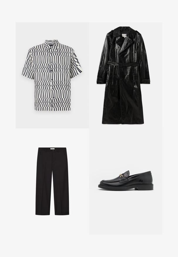 Schwarzer, langer Trenchcoat aus glänzendem Material mit zwei Reihen Knöpfen, großem Kragen, tailliertem Gürtel und Seitentaschen.; Kurzarm-Hemd in Creme mit navyblauen vertikalen Streifen, das ein Wellenmuster aufweist, klassischen Kragen und reguläre Passform.; Ron Dorff T-Shirt print - black; Schwarze Weite Hosen aus glattem Stoff. Besitzt einen Knopf- und Reißverschluss, zwei Fronttaschen und einen sauberen Saumabschluss.; Schwarze Lederleter mit einer abgerundeten Zehenpartie, ausgestattet mit goldenen Hardwareakzenten und Stichdetails, auf einer niedrigen, strukturierten Gummisohle.