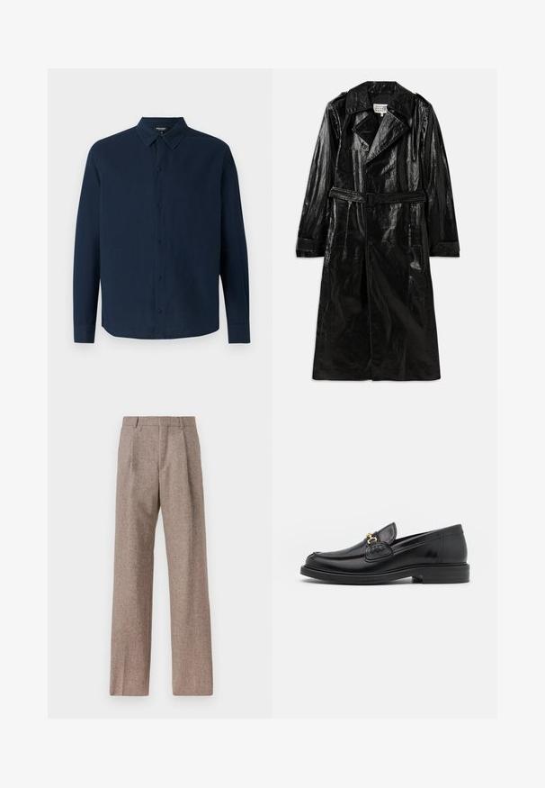 Must muuled trenssükk, mis on valmistatud läikivast materjalist, kahekordse nööpidega ees, suure krae, vööga puusade ning küljetaskutega.; Ron Dorff Pluus - deep ocean; Prunnid, kõrge vöökohaga püksid, mis on valmistatud tekstureeritud kangast. Omavad laiu jalgu ja kahte eesmist voldikut struktuuri jaoks. Korralik viimistlus, ilma nähtava riistvarata.; Mustad nahast loafers ümarate varvastega, millel on kuldne riistvaraline aksessuaar ja tikandite detail, paigutatud madalale, tekstureeritud kummist tallale.