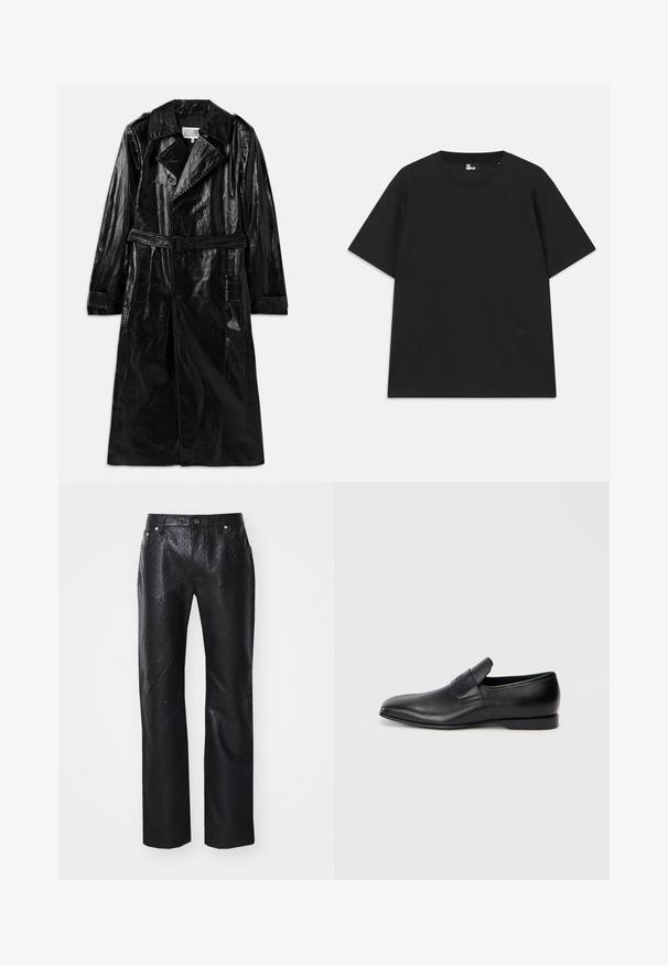 Black long trench coat made from shiny material, featuring double-breasted closure, large collar, belted waist, and side pockets.; Black short-sleeve t-shirt made of cotton, featuring a round neckline and a small logo detail near the hem. Smooth texture, regular fit.; Black pants made of textured material featuring a subtle pattern. Straight leg design with five pockets and metal hardware details.; Black leather slip-on shoe with a pointed toe, smooth texture, and subtle branding on the side. Low heel with a clean, minimal design.