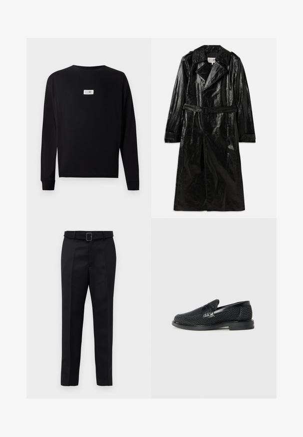 Melnā garā trenču mēteli, kas izgatavots no spīdīga materiāla, ar divpusēju aizdari, lielu apkakli, jostu vidukļa daļā un sānu kabatām.; Melna garo piedurknu T-kreklā, kas izgatavots no kokvilnas ar apaļu kaklu. Tam ir maza balta etiķete centrā. Gluda tekstūra un brīva piegriezuma.; Melni piegriezti bikses ar gludu audumu, taisnu piegriezumu un jostu ar taisnleņķa sprādzi. Pamanāmie priekšējie iegriezumi uzlabo dizainu.; Melnas austas slaidu kurpes ar gludu ādas akcentu augšpusē, apaļas formas purngalu un zemas profila gumijas zoli.