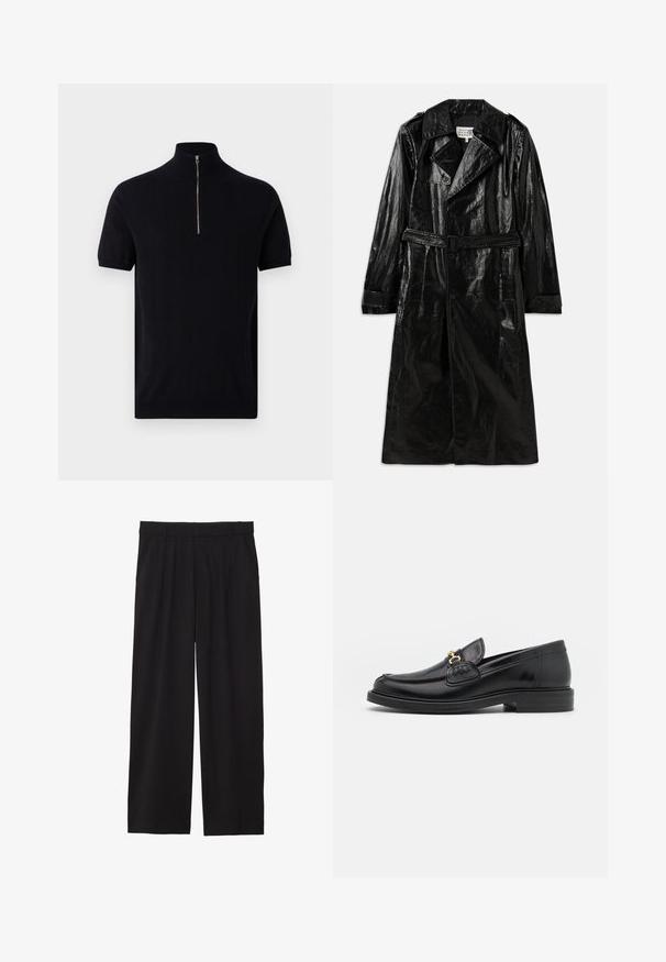 Juodas ilgas paltas iš blizgaus audinio, su dvigubos apykaklės uždarymu, dideliu apykakliu, diržu ant liemens ir šoniniais kišenėmis.; Ron Dorff Marškinėliai su spaudiniu - black; Juodas marškinys, turintis sagčių dizainą, ilgomis rankovėmis ir baltų taškelių raštu, pagamintas iš lengvos, permatomos medžiagos.; Juodos platėjančios kelnės su pločiu priekiniu raukiniu, šoninėmis kišenėmis ir lygiu audiniu. Sukurtos patogiam prigludimui.; Juodos odinės loafer tipo bateliai su apvaliuku, su auksinėmis detalėmis ir siuvinėjimo akcentais, įrengti ant žemos, tekstūruotos gumos pado.