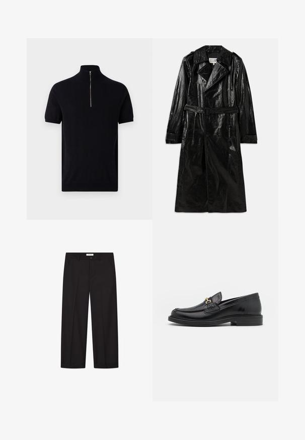 Melnā garā trenču mēteli, kas izgatavots no spīdīga materiāla, ar divpusēju aizdari, lielu apkakli, jostu vidukļa daļā un sānu kabatām.; Ron Dorff Apdrukāts T-krekls - black; Melnā krekls ar pogu aizdari, garām piedurknēm un baltu punktiņu rakstu, izgatavots no viegla, caurspīdīga auduma.; Melnas platās bikses, izgatavotas no gludas auduma. Ar pogu un rāvējslēdzēju, divām priekšējām kabatām un asu malu apdari.; Melnas ādas loafers ar noapaļotu degunu, ar zelta aparatūras akcentu un šuvju detaļām, uz zemas, teksturētas gumijas zoles.
