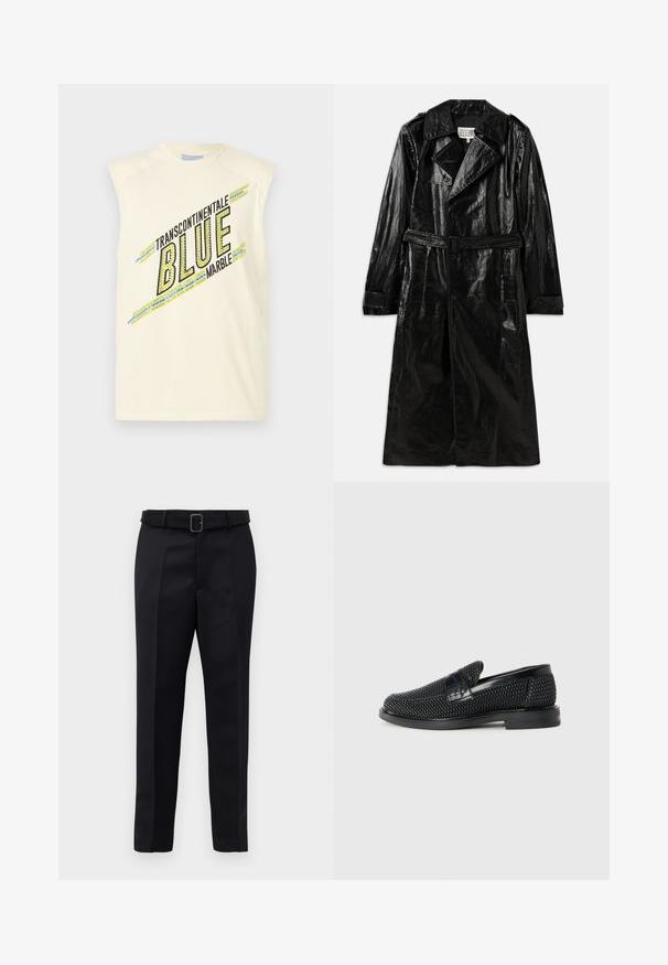 Melnā garā trenču mēteli, kas izgatavots no spīdīga materiāla, ar divpusēju aizdari, lielu apkakli, jostu vidukļa daļā un sānu kabatām.; Krēmkrāsas tērps ar platām rokassprādzēm. Tam ir melns teksts "TRANSCONTINENTALE BLUE MARBLE" un krāsaini svītraini akcenti zilā un zaļā krāsā.; Melni piegriezti bikses ar gludu audumu, taisnu piegriezumu un jostu ar taisnleņķa sprādzi. Pamanāmie priekšējie iegriezumi uzlabo dizainu.; Melnas austas slaidu kurpes ar gludu ādas akcentu augšpusē, apaļas formas purngalu un zemas profila gumijas zoli.