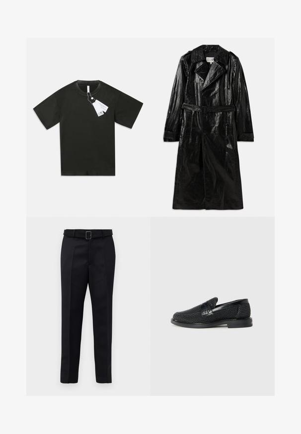 Juodas ilgas paltas iš blizgaus audinio, su dvigubos apykaklės uždarymu, dideliu apykakliu, diržu ant liemens ir šoniniais kišenėmis.; Juoda trumpomis rankovėmis medvilninė marškinėlių su apvaliu kaklu, su prisegtomis baltomis produkto etiketėmis, kabojo ant paprasto balto fono.; Juodos pritaikytos kelnės turi lygią medžiagą, tiesų kirpimą ir diržą su stačiakampiu sagtimi. Išskirtiniai priekiniai raukšliai pagerina dizainą.; Juodas pintas slip-on tipo batelis su lygiu odiniu akcentu viršuje, apvalios nosies dizainas ir žemas guminis padas.