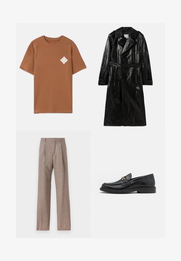 Must muuled trenssükk, mis on valmistatud läikivast materjalist, kahekordse nööpidega ees, suure krae, vööga puusade ning küljetaskutega.; Pruun puuvillane T-särk lühikeste varrukatega, ümmarguse kaelusega ja valge teemandikujulise logopatchiga vasakul rinnal.; Prunnid, kõrge vöökohaga püksid, mis on valmistatud tekstureeritud kangast. Omavad laiu jalgu ja kahte eesmist voldikut struktuuri jaoks. Korralik viimistlus, ilma nähtava riistvarata.; Mustad nahast loafers ümarate varvastega, millel on kuldne riistvaraline aksessuaar ja tikandite detail, paigutatud madalale, tekstureeritud kummist tallale.