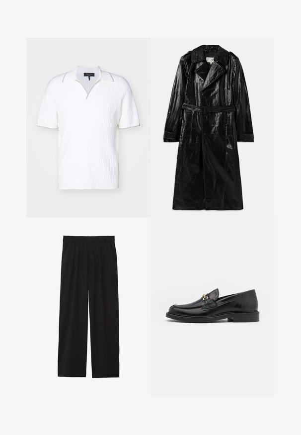 Czarny długi płaszcz trenchowy wykonany z błyszczącego materiału, z podwójnym zapięciem, dużym kołnierzem, paskiem w talii i bocznymi kieszeniami.; rag & bone JOHNNY mleczny; Czarna koszula z zapięciem na guziki, długimi rękawami i białym wzorem w kropki, wykonana z lekkiego, przejrzystego materiału.; Czarne spodnie w stylu szerokich nogawek z plisowanym przodem, bocznymi kieszeniami i gładką teksturą materiału. Zaprojektowane w luźnym kroju.; Czarne skórzane loafersy z zaokrąglonym noskiem, z ozdobnymi złotymi akcentami i detalami szycia, osadzone na niskiej, teksturowanej gumowej podeszwie.