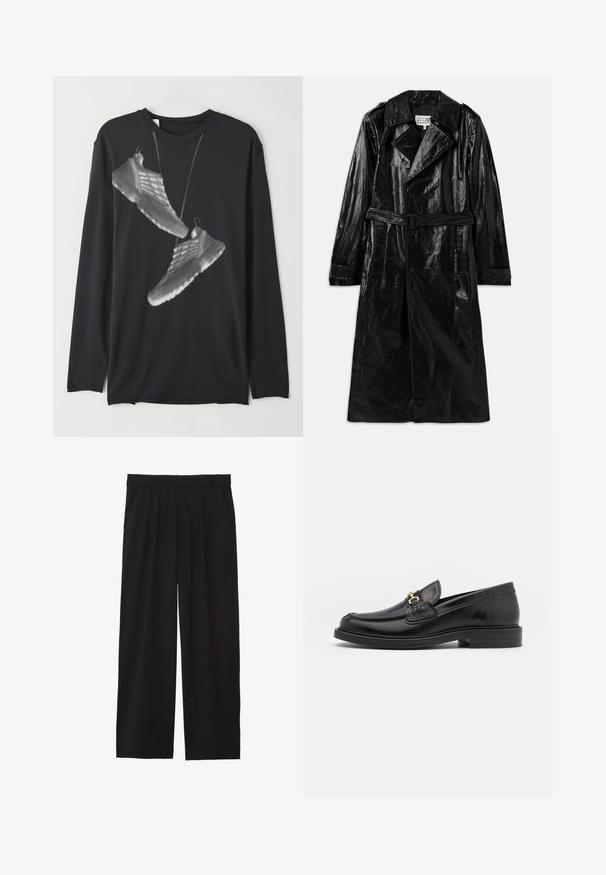 Fekete, hosszú trencskó, fényes anyagból készült, dupla gombolású záródással, nagy gallérral, övvel ellátott derékkal és oldalzsebekkel.; Fekete, hosszú ujjú ing sima anyagból, elöl fehér színű, pöttyös mintás sneaker grafikával.; Fekete ing, gombos kialakítással, hosszú ujjú, fehér pöttyös mintával, könnyű, áttetsző anyagból készült.; Fekete, bőszárú nadrág, pliszírozott elülső résszel, oldalsó zsebekkel és sima szövettextúrával. Lazább, kényelmes szabású.; Fekete bőr loaferek, lekerekített orral, aranyszínű fémrész és varrási részletek díszítik, alacsony, strukturált gumitalpon.