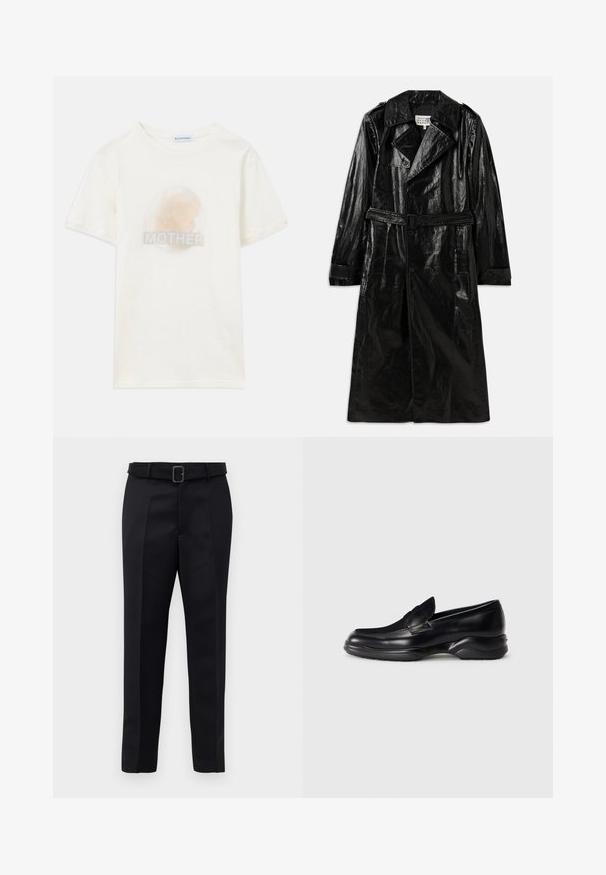 Czarny długi płaszcz trenchowy wykonany z błyszczącego materiału, z podwójnym zapięciem, dużym kołnierzem, paskiem w talii i bocznymi kieszeniami.; Krótki rękaw t-shirt w kolorze off-white z wyblakłym okrągłym obrazem profilu dziecka i napisem "MOTHER" umieszczonym poniżej.; Czarne dopasowane spodnie charakteryzują się gładkim materiałem, prostym krojem oraz paskiem w talii z prostokątną klamrą. Wyróżniające się przednie pliski podkreślają design.; Czarne skórzane mokasyny z niską, teksturowaną gumową podeszwą i przeszywaną konstrukcją na górze. Posiadają zaokrąglony czubek oraz minimalne ozdoby.