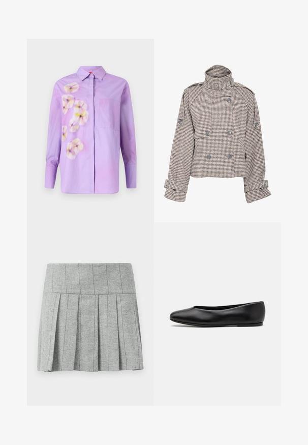 Gestuz AVIC SHORT JACKET - Veste mi-saison - rose dust/grey; Chemise boutonnee violette avec un imprimé floral dans des nuances douces, avec une poche poitrine unique et des manches longues. Tissu en coton lisse.; Jupe plissée grise en tissu à motif chevrons ; dotée d'une taille structurée et d'une coupe droite en bas.; Paul Smith TOPANGA - Ballerines - black