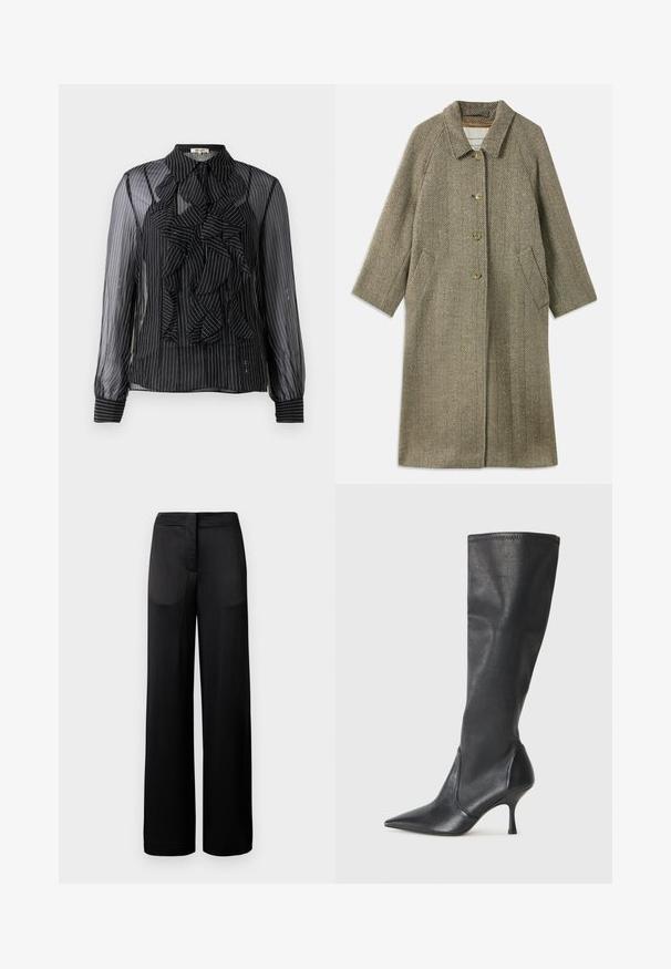 Houndstooth-mønstret frakke i olivengrøn. Har en krave, tre-knap lukning foran og sidelommer. Glat, tekstureret stof.; Sort gennemsigtig bluse med lodrette hvide striber, volangdetalje foran, lange ærmer og standard krave. Blød tekstur med knaplukninger.; Bredbenede sorte bukser med en tekstureret overflade, der har en flad talje og to sidelommer. Stoffet ser let og strømmende ud.; Knæhøje sorte læderstøvler med spidse tæer og slanke stiletto-hele. Glat tekstur med en tætsiddende design og syninger ved toppen.
