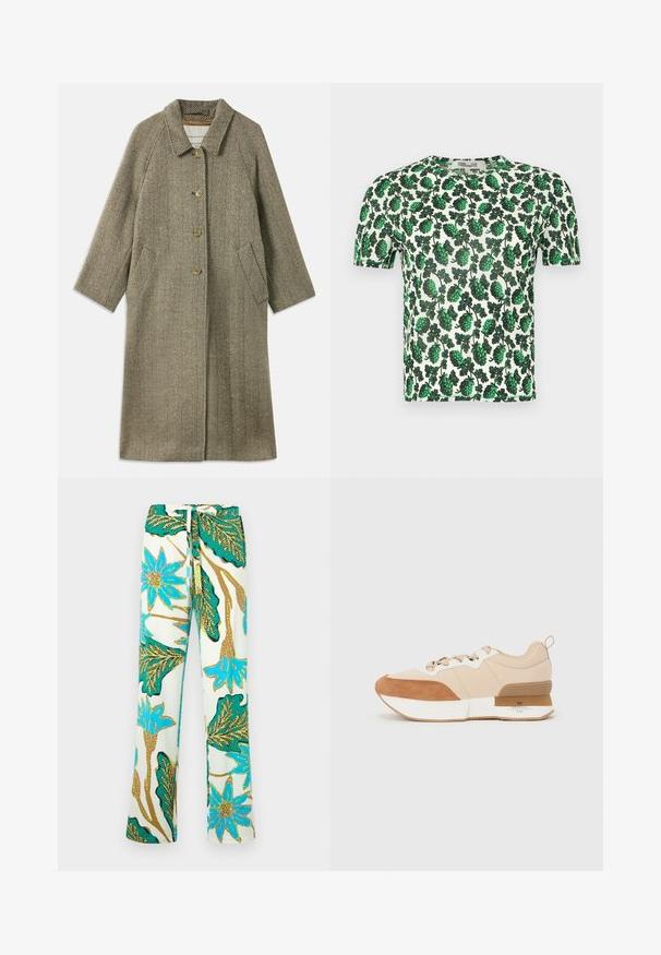 Płaszcz w jodełkę w kolorze oliwkowym. Posiada kołnierz, zapięcie na trzy guziki z przodu oraz boczne kieszenie. Gładki, teksturowany materiał.; Zielona, kwiatowa bluzka z krótkim rękawem, ozdobiona dużymi liściastymi wzorami na białym tle, wykonana z lekkiego, elastycznego materiału.; Spodnie w kwiatowy wzór z niebieskimi kwiatami i zielonymi liśćmi na kremowym tle; materiał wydaje się gładki i ma luźny krój.; Sneaker z beżowym materiałowym wierzchem ozdobionym brązowymi zamszowymi akcentami, białą podeszwą środkową oraz gumową podeszwą z detalem marki.