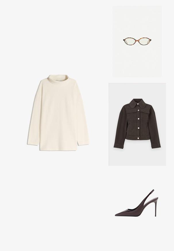 Jachetă din denim negru cu siluetă mulată, guler mare rotunjit, nasturi în față și două buzunare la piept. Textură netedă și design croit.; Pulover cu guler înalt de culoare crem, cu mâneci lungi, croială relaxată și slituri laterale la tiv. Fabricat dintr-un material moale și texturat.; Pantofii cu toc înalt slingback din piele lac burgundă, cu vârful ascuțit și toc subțire stiletto. Textură netedă și design minimalistic.; Ochelari cu ramă din tartan, cu lentile ovale și un finisaj elegant, neted. Prezintă margini subțiri cu o curbură subtilă la tâmple. Lentile clare.
