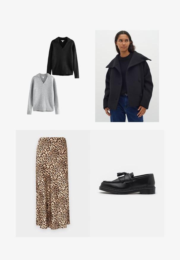 Melnas vilnas maisījuma mētelis ar plašu apkakli, divām lielām pogām un brīvu fasonu. Uzvilkts virs melna džempera un zila džinsa biksēm.; Melni un pelēki v-veida džemperi ar apkakli, izgatavoti no mīkstas adītas auduma, ar ribbētām piedurknēm un apakšmalu, brīvas izgriezuma, ar minimālu dekorāciju.; Leoparda raksts garā svārku izgatavots no gludas auduma. Bēšs pamats ar melniem un brūniem plankumiem. Paplašināts dizains ar taisnu apakšmalu.; Melnas ādas loafer kurpes ar pušķu akcentu, izšūti raksti gar malām un biezs gumijas zole izturībai.