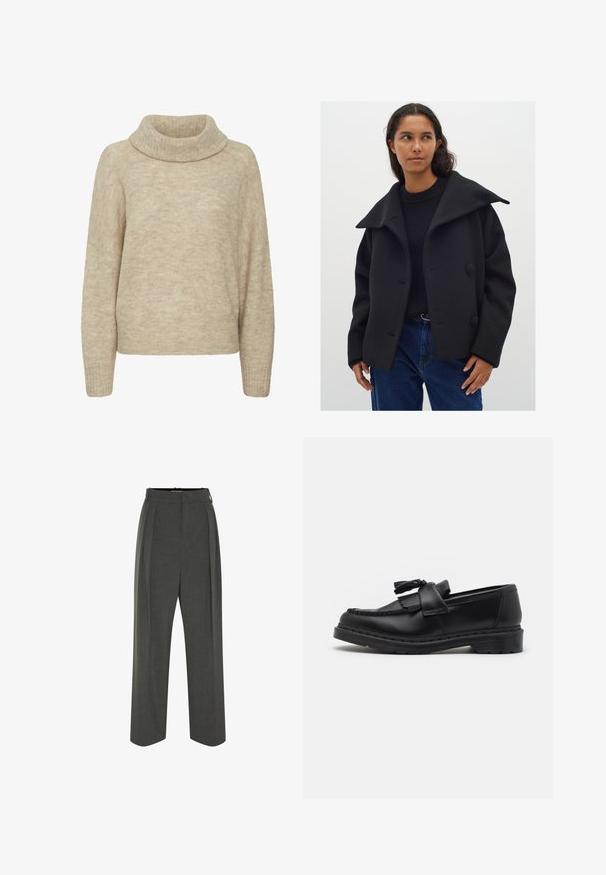 Cappotto in misto lana nero con un ampio colletto, due grandi bottoni e una vestibilità rilassata. Indossato sopra un maglione nero e jeans in denim blu.; Maglione beige a collo alto realizzato in tessuto morbido; vestibilità rilassata con maniche lunghe e polsini a coste. Superficie testurizzata con un motivo sottile.; Pantaloni grigi su misura con vita alta, caratterizzati da pieghe, un design a gamba ampia e una texture liscia. Chiusura con una cerniera discreta.; Mocassino in pelle nera con dettagli a frangia, cuciture lungo il bordo e una suola in gomma spessa per una maggiore durata.