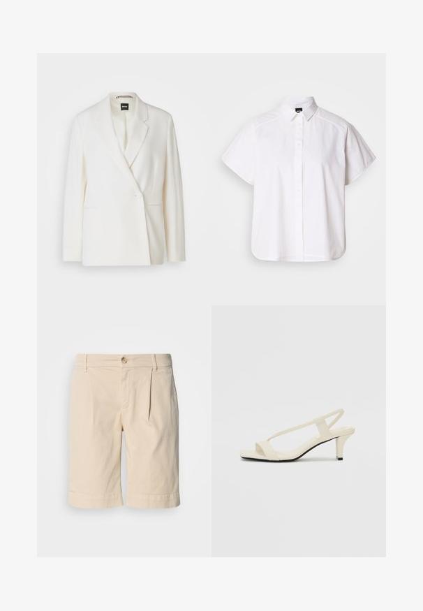 Balts žakets ar strukturētu dizainu, ar vienu pogu aizdari, ar pīķa klāju un diviem sānu kabatām. Gluda auduma tekstūra.; Balta īsajām piedurknēm krekls ar pogām un norādītu apkakli, kā arī viļņotu apakšmalu. Izgatavots no kokvilnas ar gludu tekstūru un bez redzamām rakstām.; Bēša kokvilnas šorti ar taisnu griezumu, ar noliektu apmalīti un vienu pogu aizdari. Projektēti ar priekšējām spilventiņu krokām un sānu kabatām.; Beige bloku papēžu sandales ar plānām siksnām un kvadrāta formas purngalu. Gluda materiāla virsma ar minimālām detaļām, paredzētas ērtai nēsāšanai.