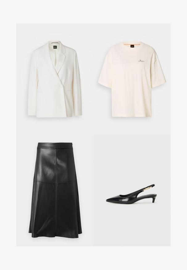 Bílý blazer se strukturovaným designem, zapínáním na jeden knoflík, klopami a dvěma postranními kapsami. Hladký materiál.; Bílé oversize tričko vyrobené z měkké tkaniny, s kulatým výstřihem a krátkými rukávy, s malým černým logem "Boss" na přední straně.; Černá kožená áčková sukně s hladkou texturou, která má vertikální švy a pas. Spodní lem sahá těsně pod kolena.; Černé kožené boty na podpatku s otevřenou patou a špičatou špičkou, s tenkým podpatkem a zlatým akcentem na nastavitelném pásku. Hladký povrch.