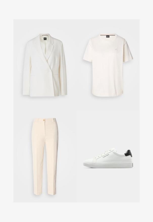 Valkoinen bleiseri, jossa on rakenteellinen muotoilu, yksinkertainen napitus, kärkitaskut ja kaksi sivutaskua. Sileä kangas.; Valkoinen puuvillainen t-paita, jossa on lyhyet hihat, pyöreä kaula-aukko ja pieni logo rinnassa. Sileä pinta ja suora helma.; Kermanväriset, korkeavyötäröiset housut, jotka on valmistettu teksturoidusta kankaasta. Ominaisuuksia etunappi ja kapenevat lahkeet.; Valkoiset tennarit, joissa on sileä pinta, musta kantapääkorostus ja nauhakiinnitys. Sivulla on "Calvin Klein" -brändäys. Minimalistinen tyyli.