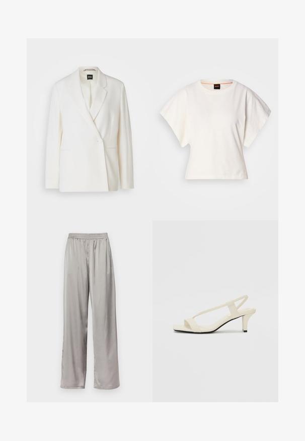 Weißer Blazer mit strukturiertem Design, einreihiger Knopfverschluss, Reverskragen und zwei seitlichen Taschen. Glatte Stoffoberfläche.; Weißes, kurzes T-Shirt, kurze weite Ärmel, weicher Baumwollstoff, runder Ausschnitt mit subtilen orangefarbenen Akzenten, minimales Design, keine Muster oder Grafiken.; Hellgraue, weit geschnittene Hosen aus glattem, seidenartigem Stoff. Mit elastischem Bund und subtiler Logo-Stickerei an der Seite.; Beige Blockabsatzsandalen mit dünnen Riemen und quadrater Spitze. Glattes Material mit minimalem Design, entworfen für einfaches Tragen.