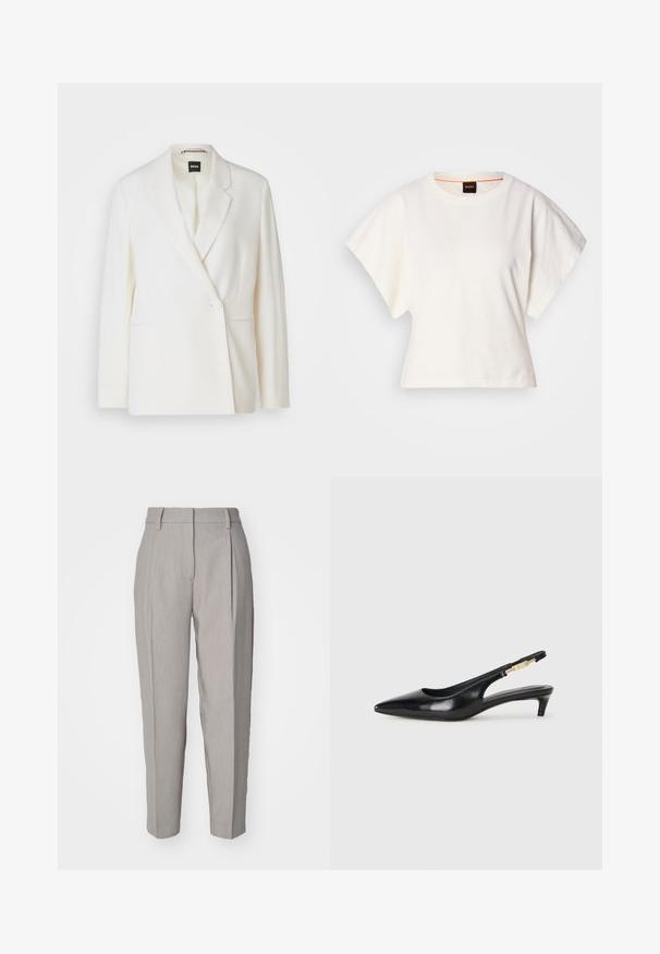 Fehér blézer strukturált kialakítással, egysoros gombolással, kerekített hajtókával és két oldalsó zsebből áll. Sima szövettextúra.; Fehér, rövid, bő ujjú, crop szabású póló, puha pamut anyagból, kerek nyakkivágással, finom narancssárga díszítéssel, minimalista dizájn, minta vagy grafika nélkül.; Világosszürke, sima textúrájú, szabott nadrág, plissézett elülső résszel és egyenes lábformával. Övhurkokkal rendelkezik, és fényes befejezéssel készült.; Fekete bőr slingback magassarkúk, hegyes orral, vékony sarkakkal és arany színű részlettel a állítható pánton. Simа felület.
