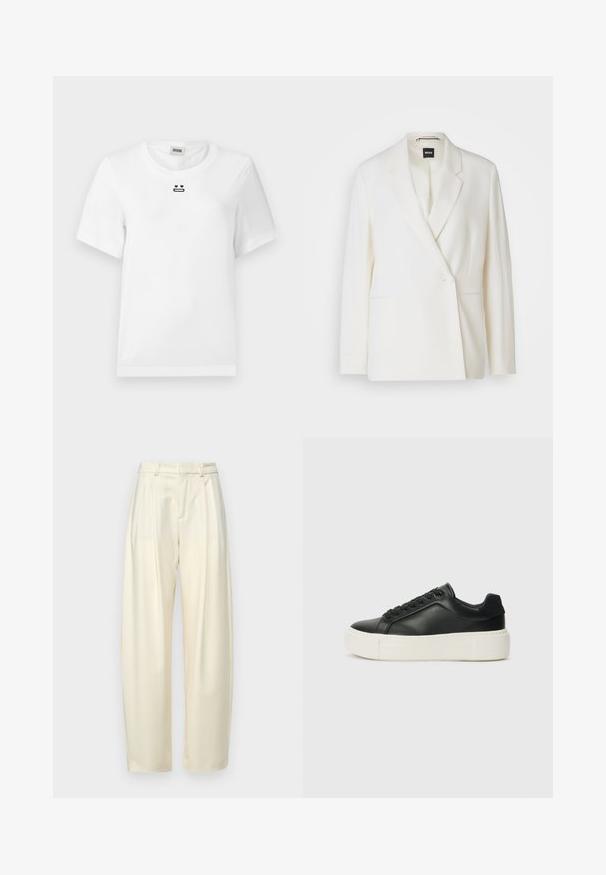 White blazer with a structured design, single button closure, notch lapels, and two side pockets. Smooth fabric texture.; White cotton t-shirt with short sleeves, featuring a small black graphic design of a face with heart eyes and a straight mouth on the chest.; Pleated, high-waisted trousers in light cream fabric. Features a straight cut and a smooth texture. No pockets or visible hardware.; Black leather sneaker with a rounded toe, white platform sole, and black laces. Features a subtle logo on the heel and smooth texture.