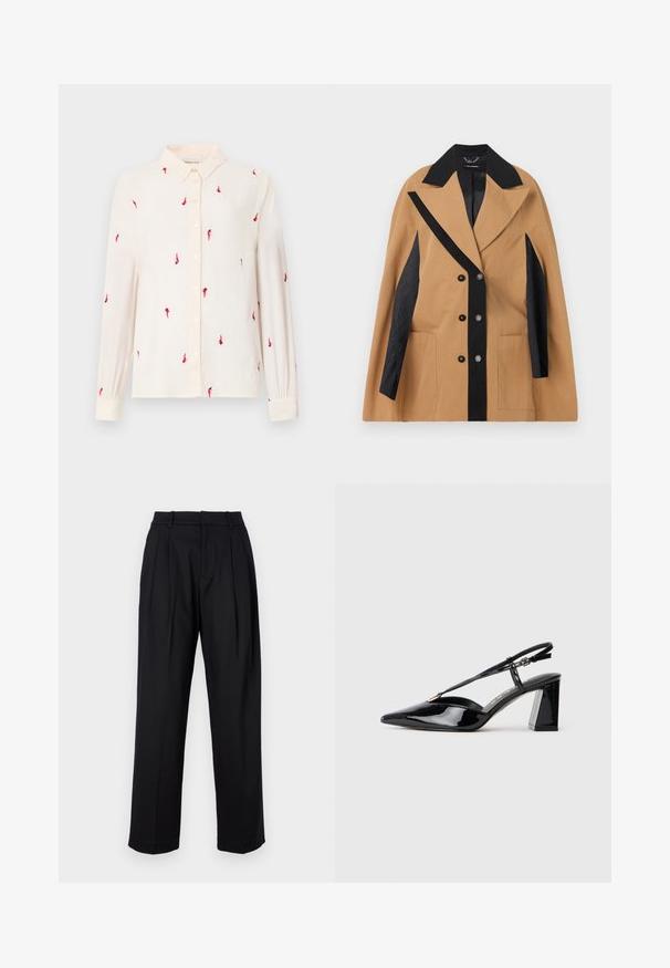 Beige jacket with black accents, wide lapels, double-breasted front, and two side pockets; features textured fabric and geometric patterns.; Light beige long-sleeve shirt with a button-down collar, featuring red bird embroidery throughout and button closures on the front and cuffs.; Black trousers with a tailored design, featuring a high waist, pleats, and straight leg cut. Made from smooth fabric with a solid color.; Black patent leather slingback high-heeled shoes with a pointed toe, adjustable strap, and chunky rectangular heel.